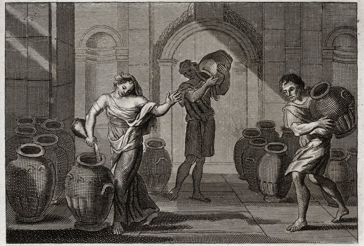 Bible of Royaumont, Starý zákon: Miracle of Elisee. Tento Prorok, ztrápené vdově po svých creancers, jí pomocí Elisiny lásky přikázal, aby si od těchto sousedů vypůjčila mnoho nádob, které naplnila olejem s malým zbytkem, který měla v sobě. od Unknown artist