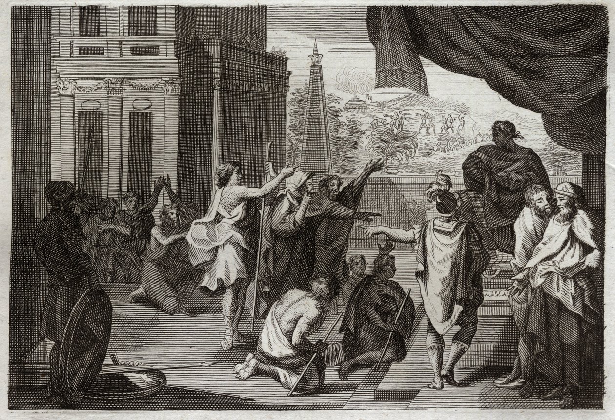 Bible of Royaumont, Starý zákon: Mojžíš před faraonem. Mojžíš žádá faraona, aby nechal Hebrejce odejít do pouště obětovat Hospodinu. Ilustrace z roku 1811. od Unknown artist