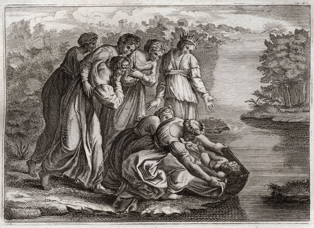 Bible of Royaumont, Starý zákon: Mojžíš zachraňuje vody. Faraonova dcera stáhla Mojžíše z vod Nilu a adoptovala ho pro svého syna. Ilustrace z roku 1811. od Unknown artist