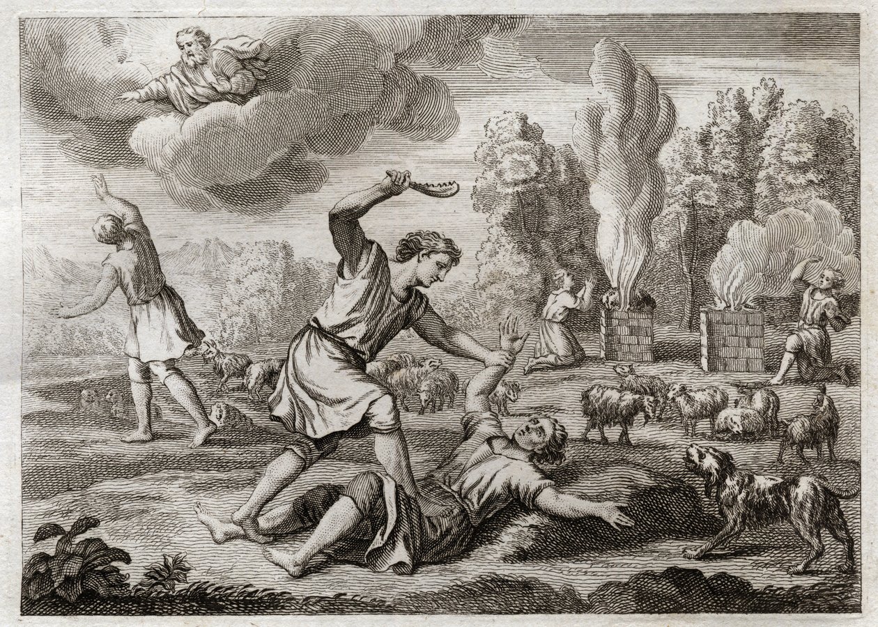Bible of Royaumont, Starý zákon: Vražda Ábela. Kain táhne svého bratra závistí proti Abelovi, bere ho na venkov, jako by se chtěl projít, a zabíjí ho. Ilustrace z roku 1811. od Unknown artist