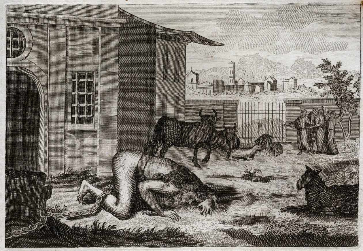 Bible of Royaumont, Starý zákon: Nebukadnezar se mění na bete. Král Nabuchodonozor II se spravedlivým trestem za svou pýchu promění v bete. Ilustrace z roku 1811. od Unknown artist