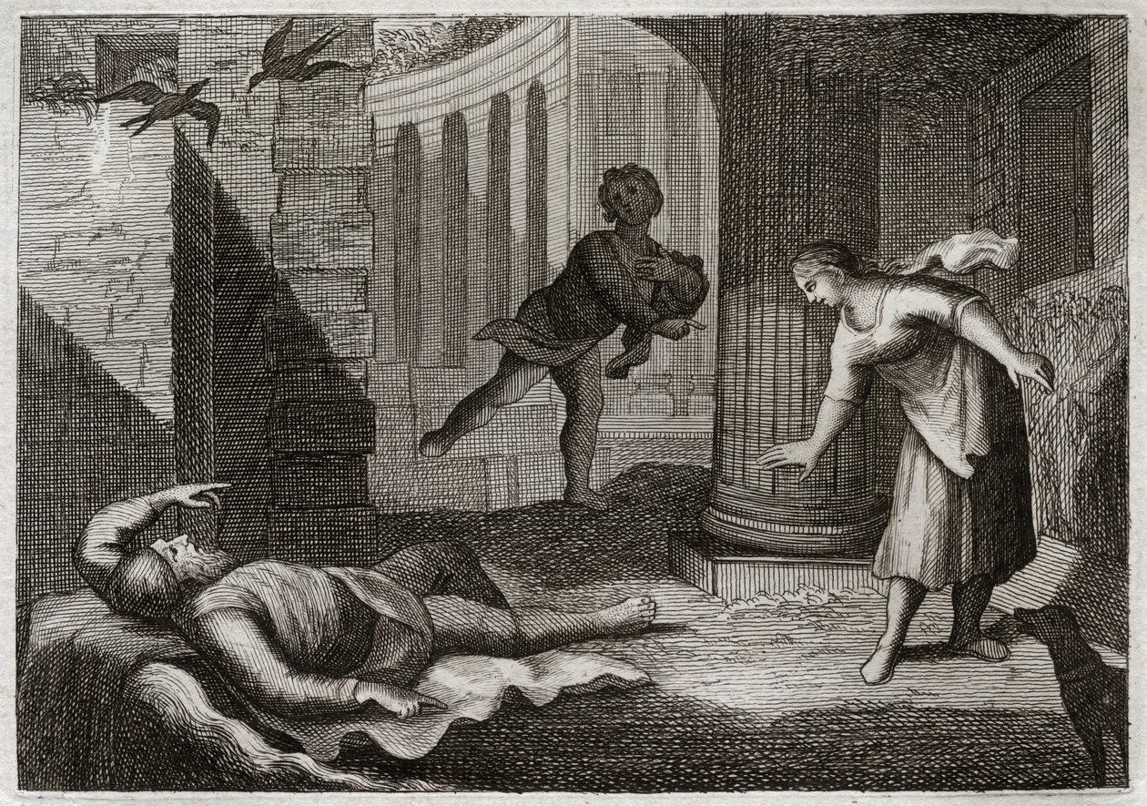 Bible of Royaumont, Starý zákon: Starý Tobie ztrácí zrak. Svatý muž Tobie ztrácí zrak a snáší toto zlo s extrémní trpělivostí. Ilustrace z roku 1811. od Unknown artist