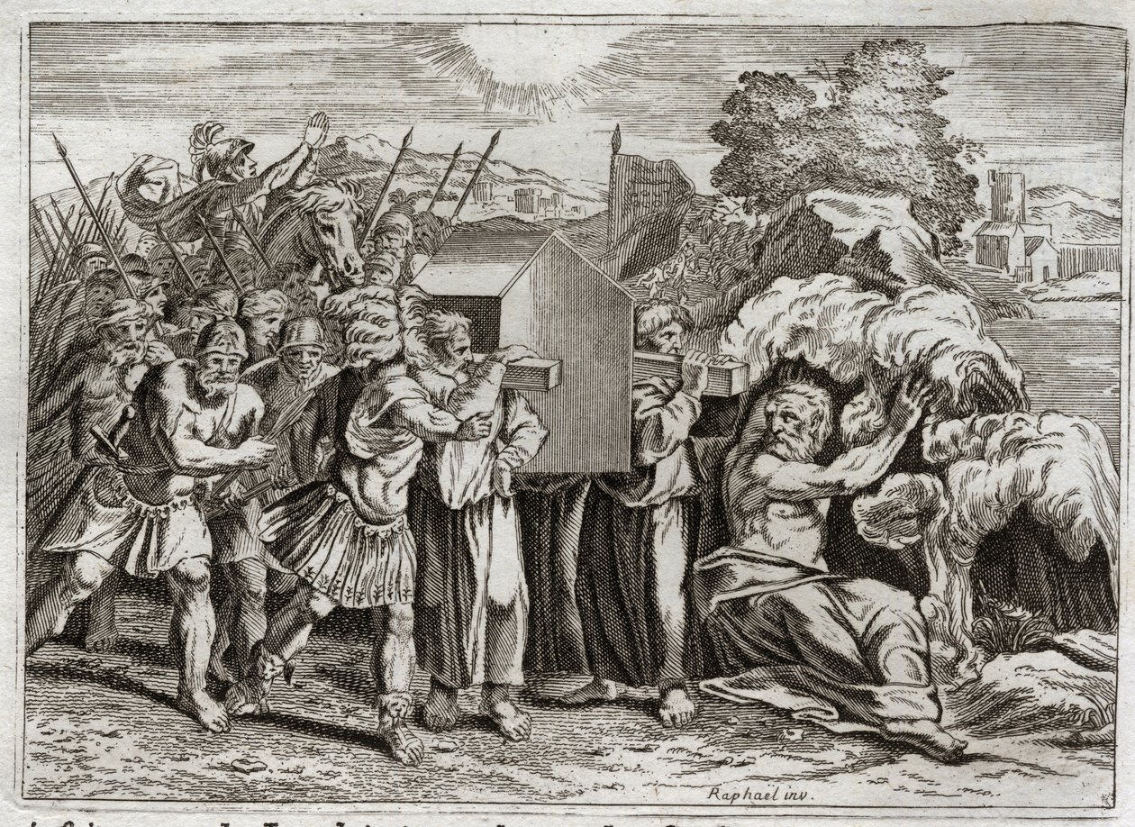 Bible of Royaumont, Starý zákon: Průchod Jordánu. Jozue přináší Jordán všemu lidu. Tato řeka vysychá a vešli do ní kněží, kteří nesli archu smlouvy; a vody se zvedly a zůstaly zavěšené jako hora. já od Unknown artist