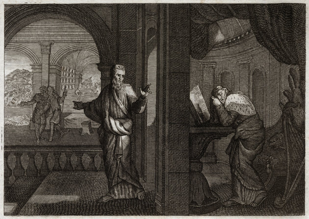 Bible of Royaumont, Starý zákon: Pokání Davidova. Bůh posílá svého proroka Natana k Davidovi, aby reprezentoval jeho vinu. Lítost, kterou z toho tento svatý král zakódoval, ho nutí přijmout všechna zla, která mu Prorok předpověděl. Ilustrace z roku 1811. od Unknown artist