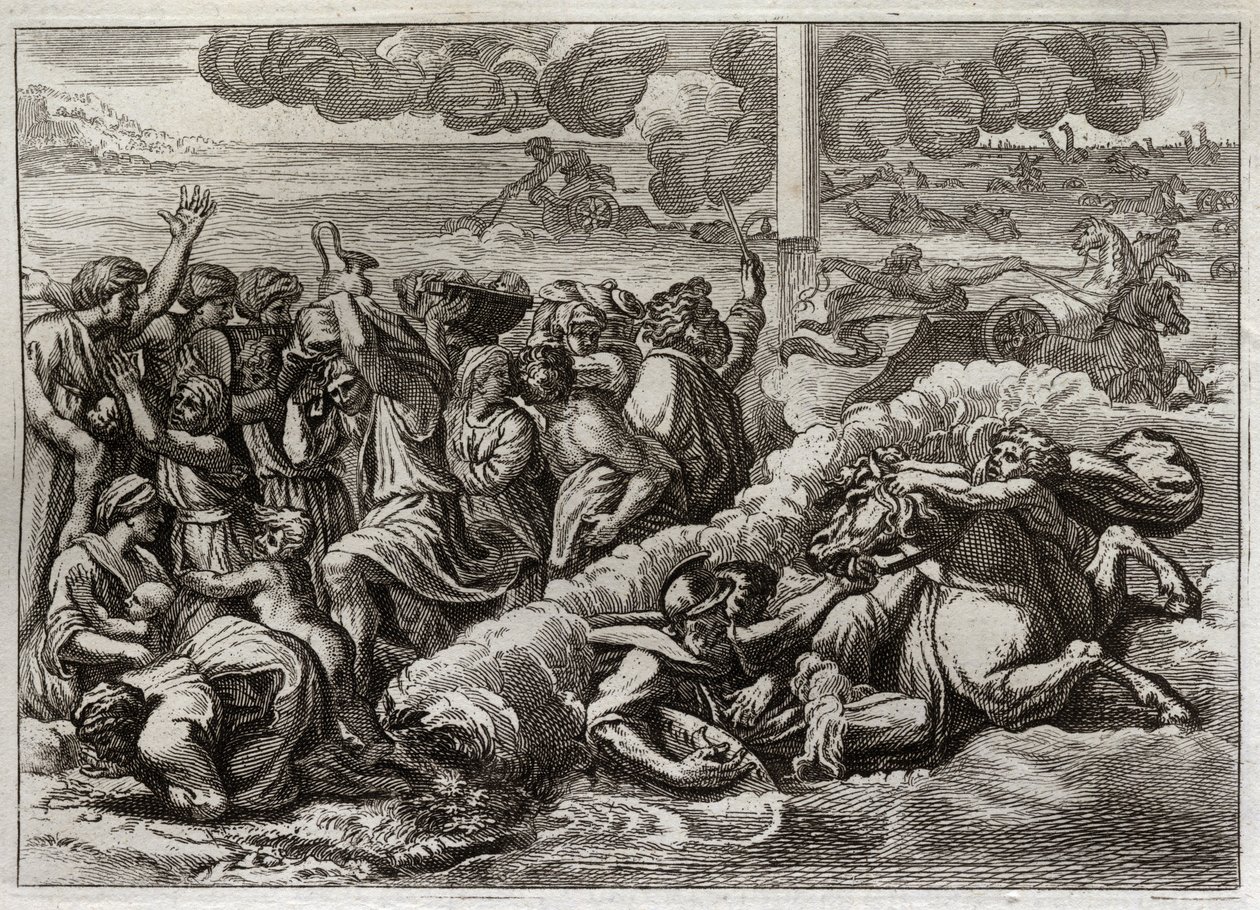 Bible of Royaumont, Starý zákon: Faraon se potápí v Rudém moři. Průchod Rudým mořem Mojžíšem a Hebrejci, utopení faraonovy armády. Ilustrace z roku 1811. od Unknown artist