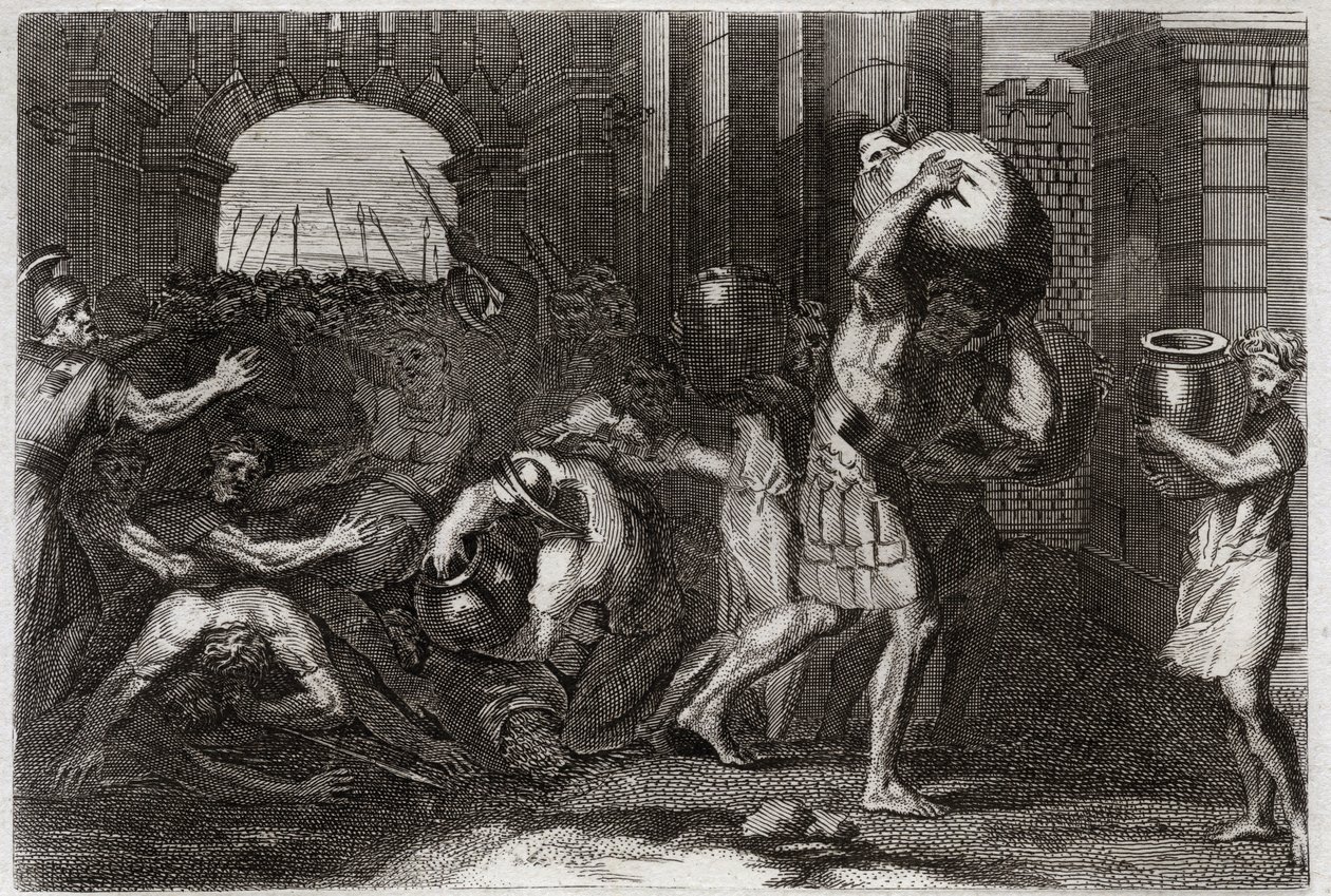 Bible of Royaumont, Starý zákon: Předpověď Elisee. Pán Samaří, který svedl Elizeova slova, se tísní u jeho nohou. Ilustrace z roku 1811. od Unknown artist