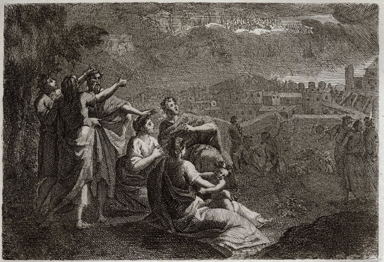 Bible of Royaumont, Starý zákon: Předpovědi o Jeruzalému. Bůh vzdal zbraně ve vzduchu nad Jeruzalémem, aby na něm ukořistil zlo, které se na něj mělo roztavit. Ilustrace z roku 1811. od Unknown artist