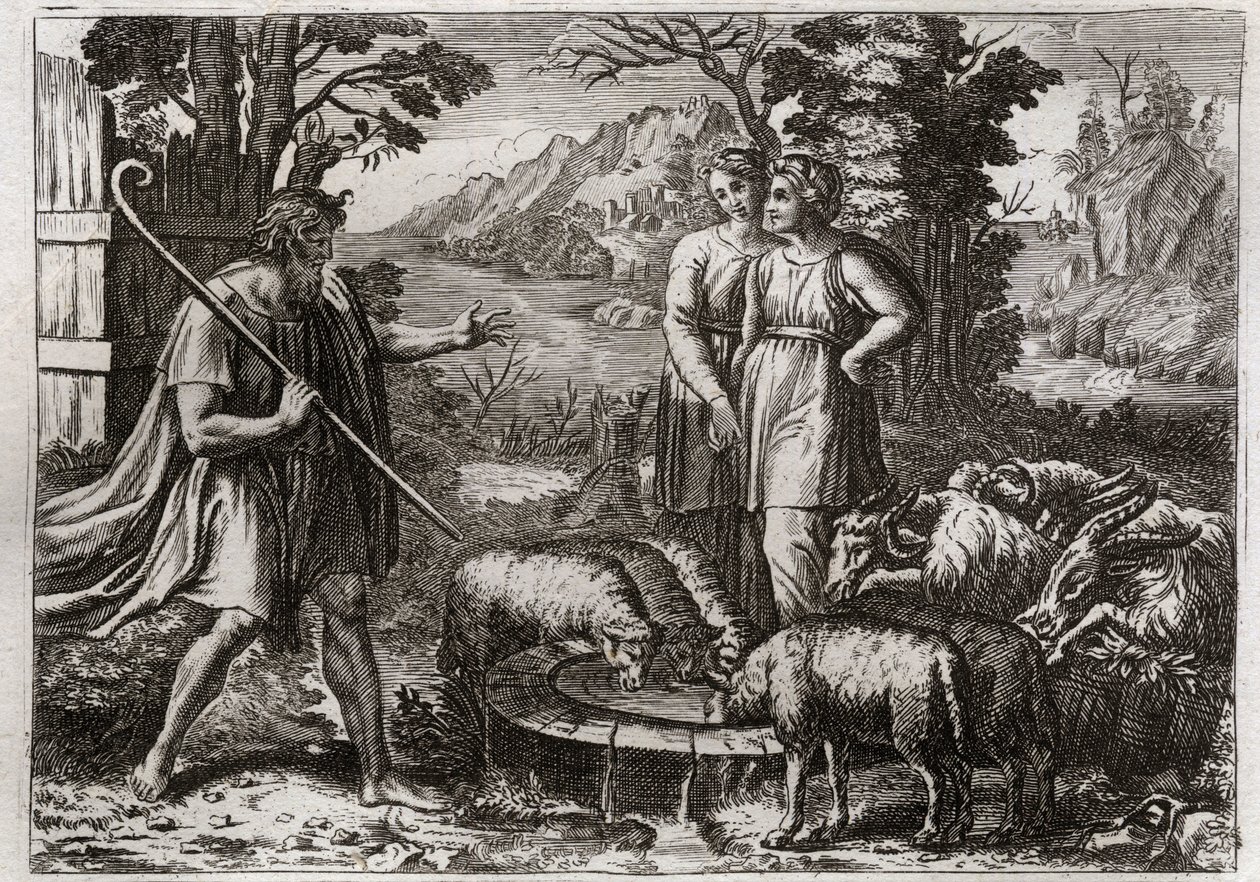 Bible of Royaumont, Starý zákon: Rachel a Leah. Jákob sloužil svému strýci Labanovi, aby si vzal jeho dceru Ráchel. Ilustrace z roku 1811. od Unknown artist