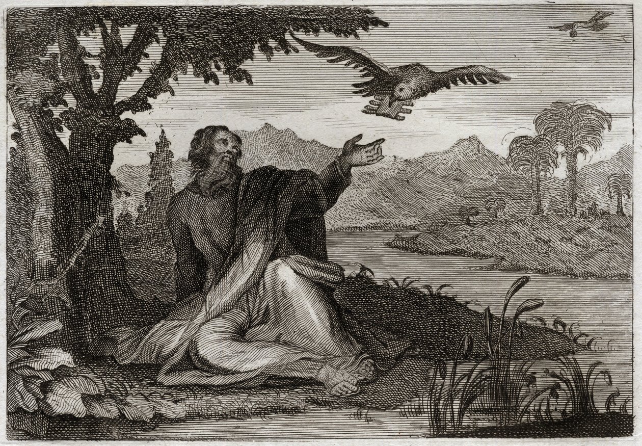 Bible of Royaumont, Starý zákon: Havrani z Eliáše. Bůh zasáhl zemi tříletou sterilitidou, poslal proroka Eliáše potokem nebo mu dvě vrány přinesly jídlo. Ilustrace z roku 1811. od Unknown artist