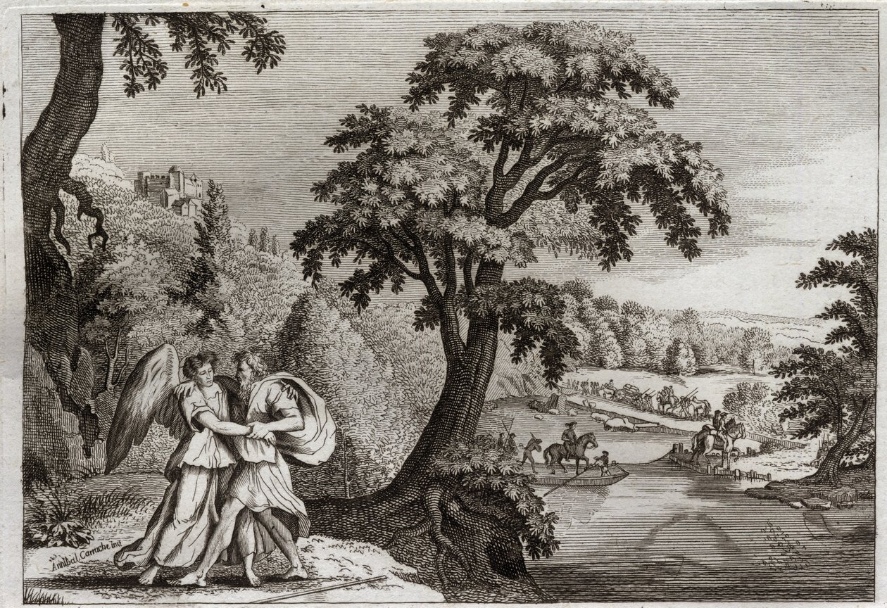 Bible of Royaumont, Starý zákon: Smíření Ezaua s Jákobem. Jákobova moudrost obměkčit Ezaua. Jeho boj s andělem. Ilustrace z roku 1811. od Unknown artist