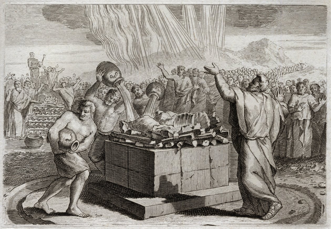 Bible of Royaumont, Starý zákon: Oběť Eliáše. A když dal poznat pravého Boha zázrakem ohně, který sestoupil z nebe při jeho oběti, přikázal lidu zabít čtyři sta padesát kněží Baalovy modly. Illustrat od Unknown artist
