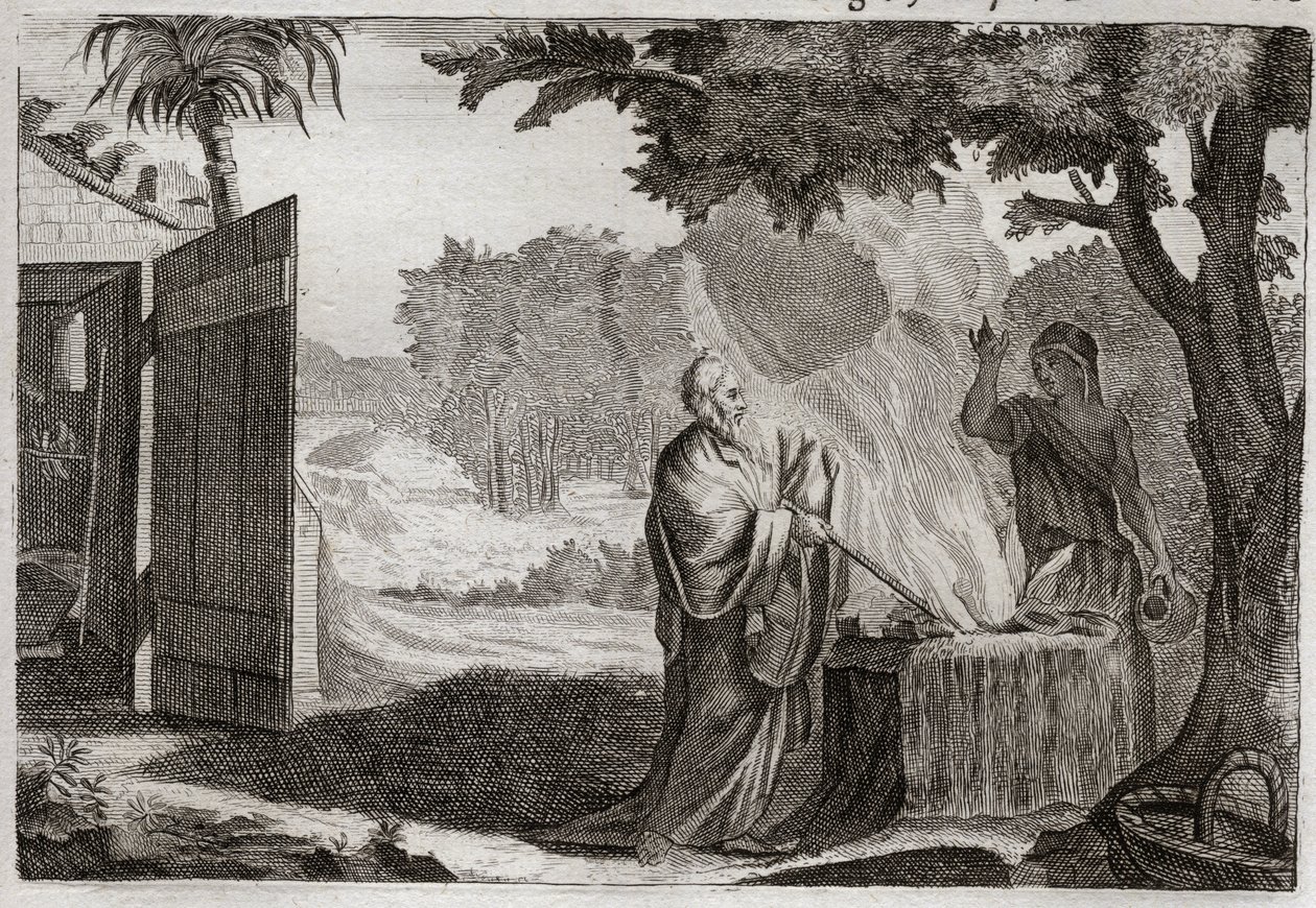 Bible of Royaumont, Starý zákon: Oběť Gedeon. Gedeon (Gideon) je Bohem povolán, aby odebral Židy od jejich nepřátel. Přináší oběť na kameni, ze kterého vychází oheň, který ho pohltí. Ilustrace z roku 1811. od Unknown artist