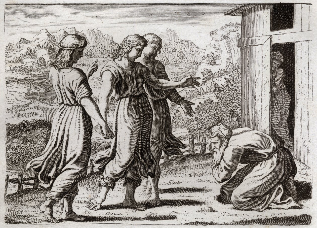 Bible of Royaumont, Starý zákon: Sara concots Isaac. Abraham obdrží tři anděly, kteří Sáře (Sarah) slíbí, že za rok bude mít syna. Ilustrace z roku 1811. od Unknown artist