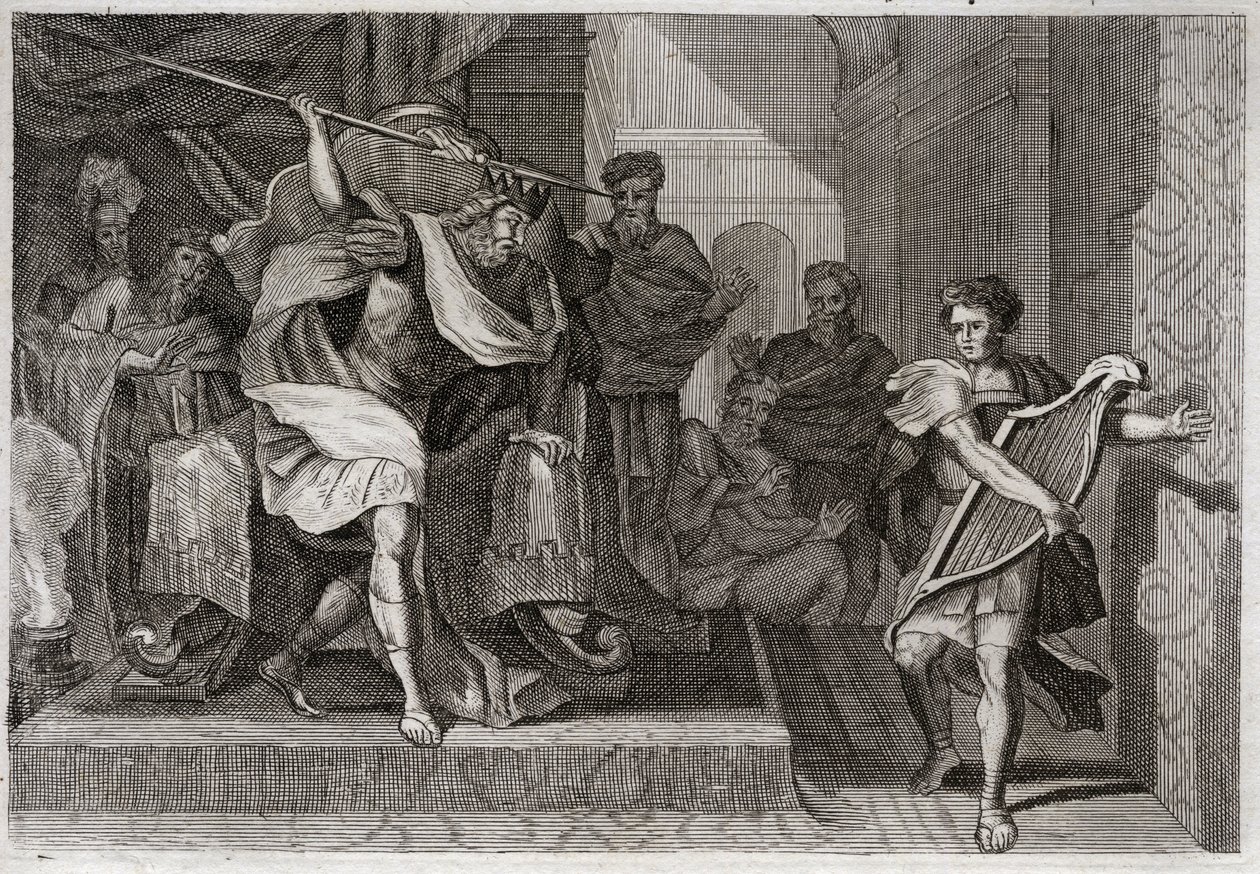 Bible of Royaumont, Starý zákon: Saul chce zabít Davida. Saul plný hněvu a závisti proti Davidovi chce probodnout jeho kopí, když před ním hrál na harfu. Ilustrace z roku 1811. od Unknown artist