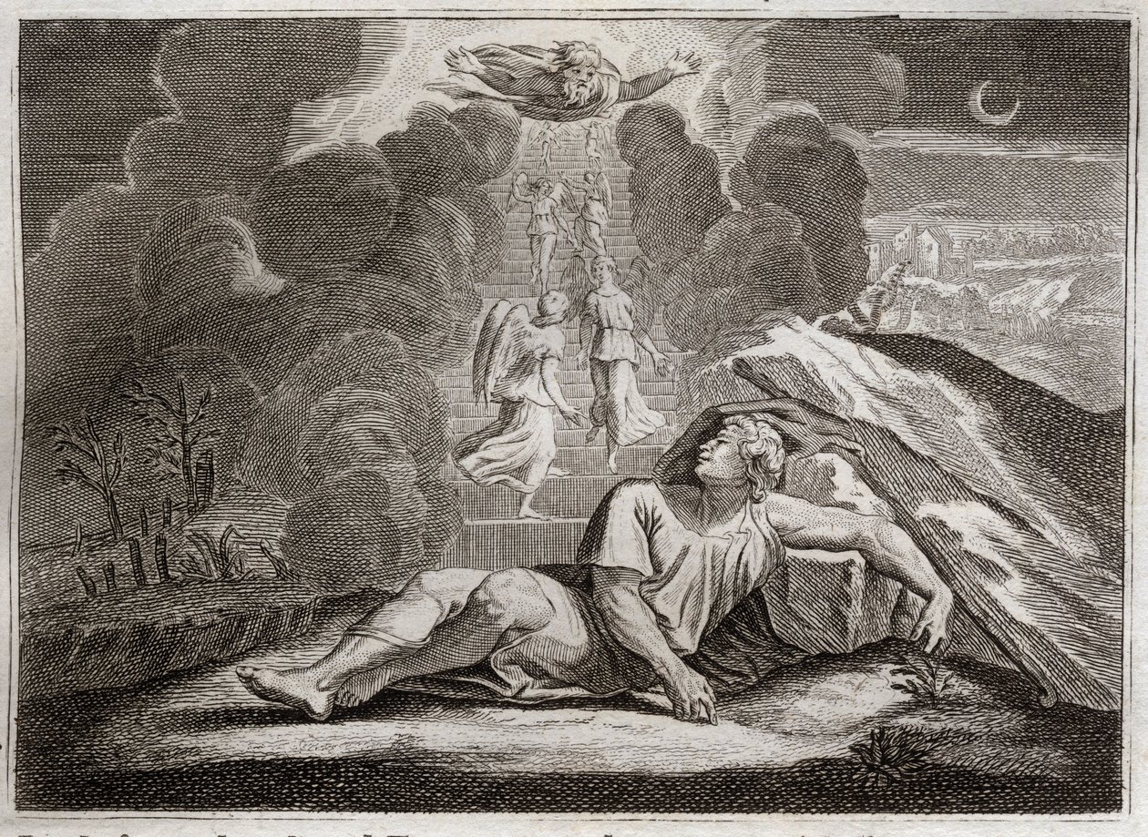 Bible of Royaumont, Starý zákon: Měřítko Jákobovo. Jákob prchající před Ezauovým hněvem žije a spí na tajemném žebříku. Ilustrace z roku 1811. od Unknown artist