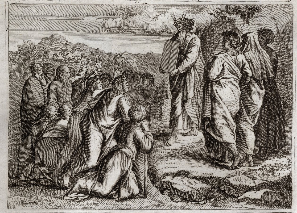 Bible of Royaumont, Starý zákon: Druhé tabulky zákona. Bůh dává Mojžíšovi další tabulky (desatero), které lid přijímá s úctou. Ilustrace z roku 1811. od Unknown artist