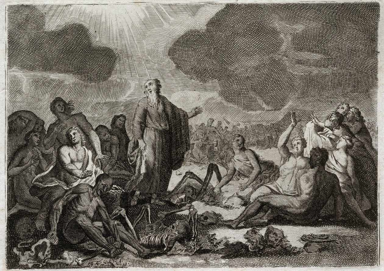 Bible of Royaumont, Starý zákon: Druhé vidění Ezechiela. Vize, kterou měl prorok Ezechiel z několika kostí, všechny desseches, které na sebe vzaly lidskou podobu. Ilustrace z roku 1811. od Unknown artist