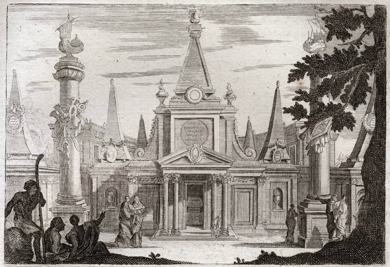 Bible of Royaumont, Starý zákon: Simon Pontiff. Simon Machabee (Maccabee, Macabee) následuje svého bratra Jonathase (Jonathan), postavil velkolepou hrobku pro svého otce a jeho bratry a byl zabit ve zradě. Ilustrace z roku 1811. od Unknown artist