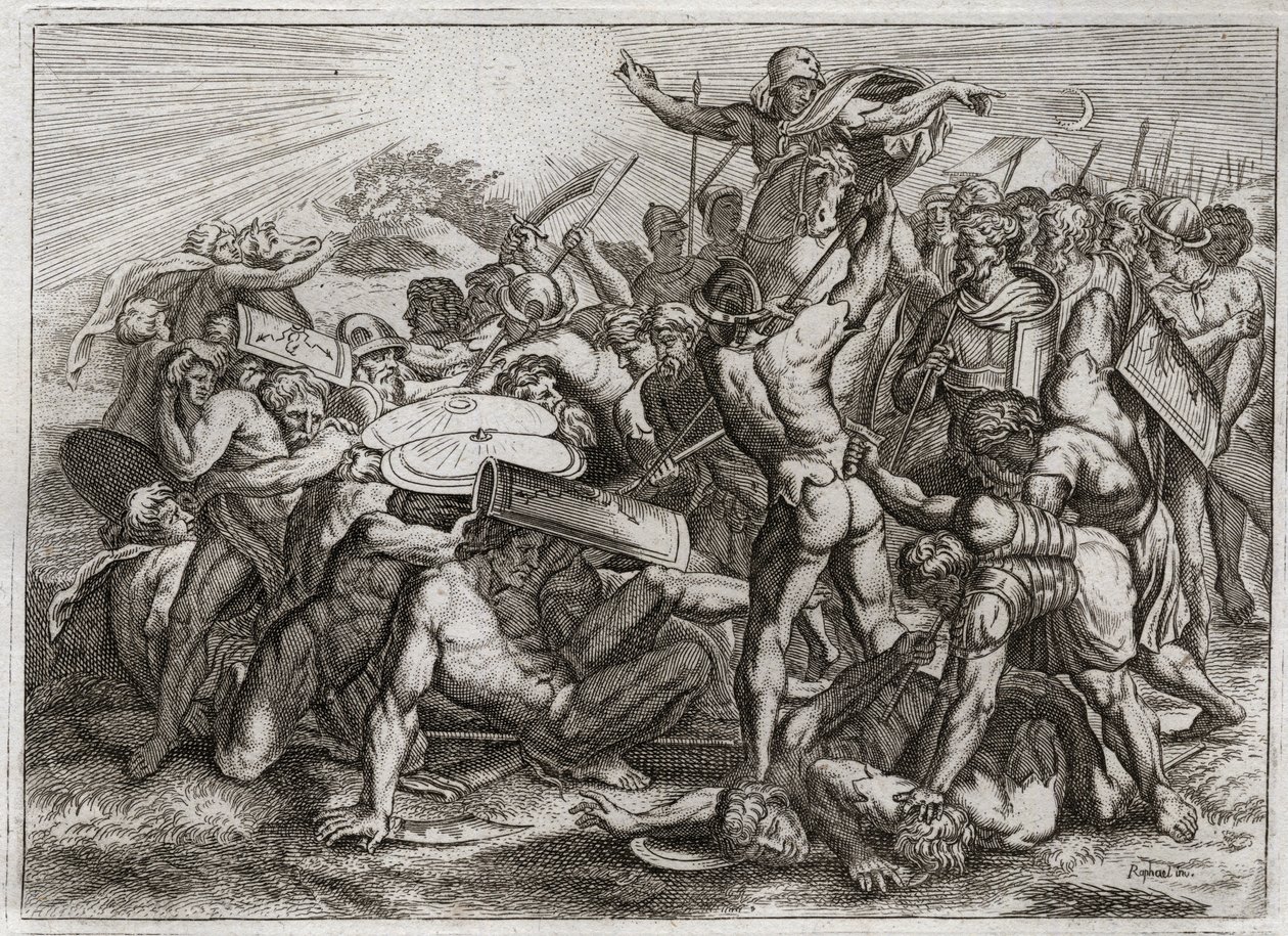 Bible of Royaumont, Starý zákon: Sun Stop. Joshua pronásleduje své milované nepřátele (amority), aby se zastavilo Slunce, aby měl více času je odčinit. Ilustrace z roku 1811. od Unknown artist