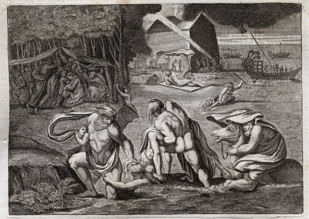 Bible of Royaumont, Starý zákon: Potopa. Potopa zaplavuje celou zemi. Jediná archa zachraňuje ty, kteří v ní byli zavřeni, před tímto potopením. Ilustrace z roku 1811. od Unknown artist