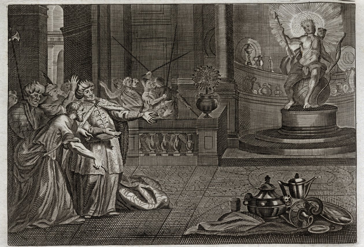 Bible of Royaumont, Starý zákon: Idol Belova. Daniel zničil Belovu modlu a zabil draka, kterého Babyloňané uctívali. Ilustrace z roku 1811. od Unknown artist