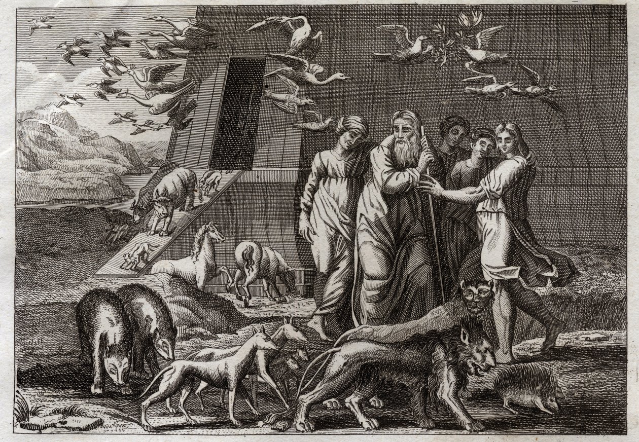 Bible of Royaumont, Starý zákon: Duha. Noe opouští archu a nabízí oběť Bohu, který ji příznivě přijme. Slibuje, že už na Zemi nepošle žádnou potopu. Dává Duhu jako znamení pravdivosti tohoto slibu. Ilustrace ze 181 od Unknown artist