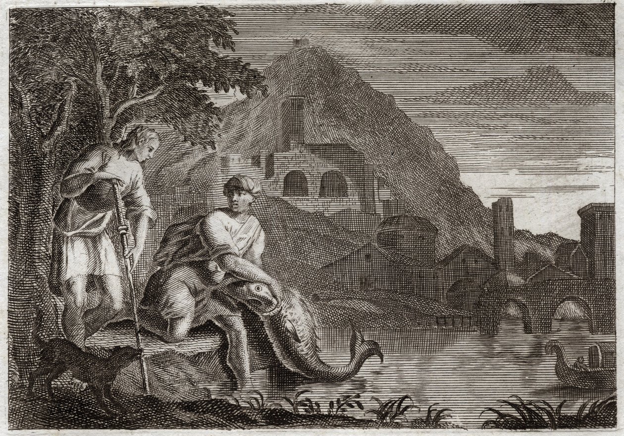 Bible of Royaumont, Starý zákon: Anděl vede Tobieho. Mladého Tobieho děsí ryba (zázračná), která ho chtěla sežrat. Angel Raphael přichází na Boží příkaz, aby ho vedl na cestu, kterou musel podniknout. Ilustrace z roku 1811. od Unknown artist
