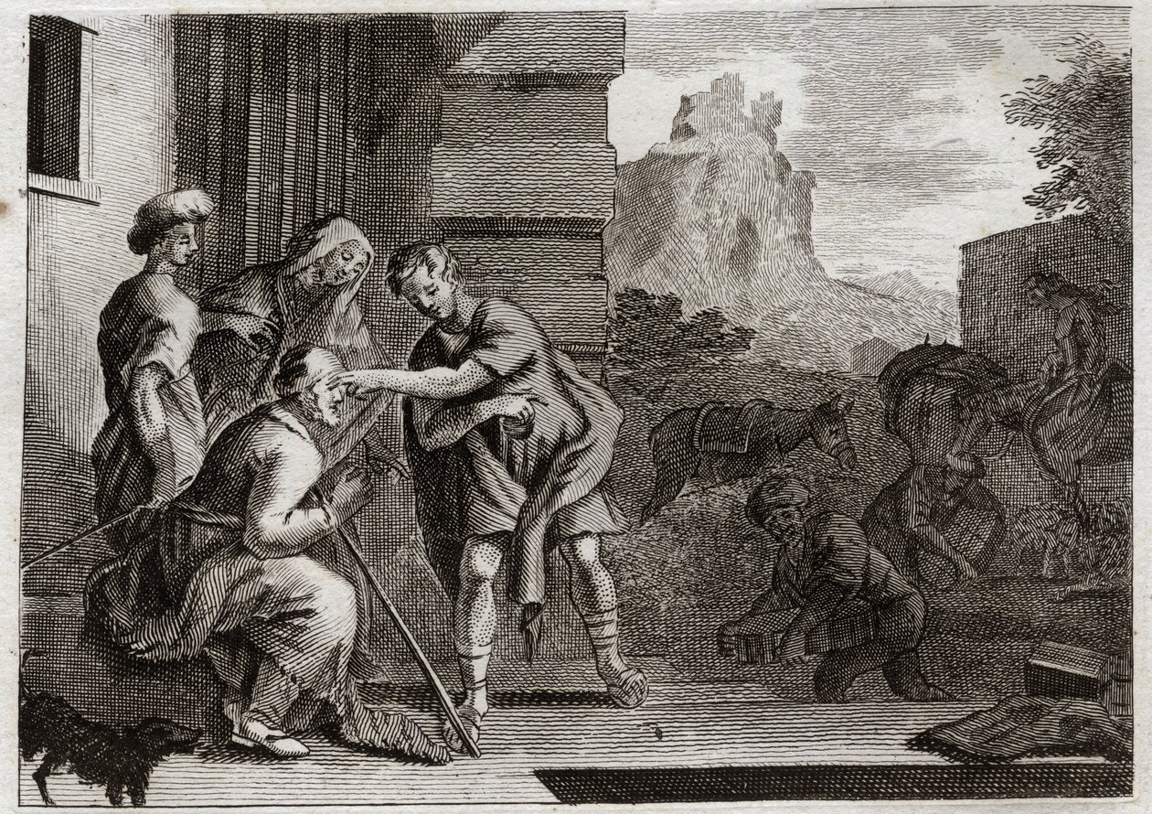 Bible of Royaumont, Starý zákon: Tobia znovu vidí. Mladý Tobie dává otci pohled tím, že mu přejíždí přes oči pole ryb, které ulovil na radu archanděla Raphaela. Anděl se jim dá poznat a pak zmizí. Illustrat od Unknown artist