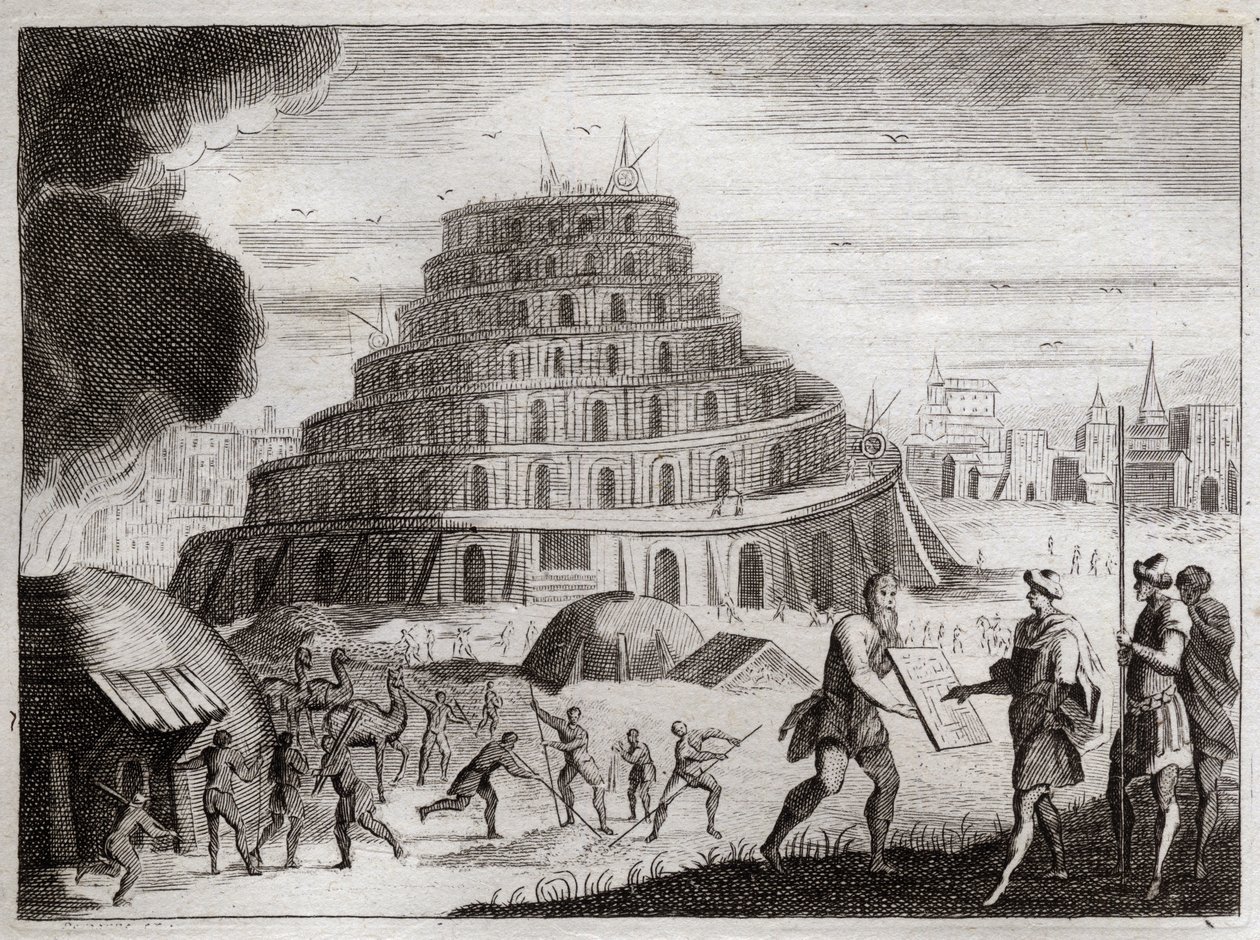 Bible of Royaumont, Starý zákon: Babylonská věž. Lidé chtějí marnivostí pozvednout věž do nebe. Bůh tomuto dílu brání tím, že jim zmate jazyky, aby se navzájem neslyšeli mluvit. Ilustrace z roku 1811. od Unknown artist