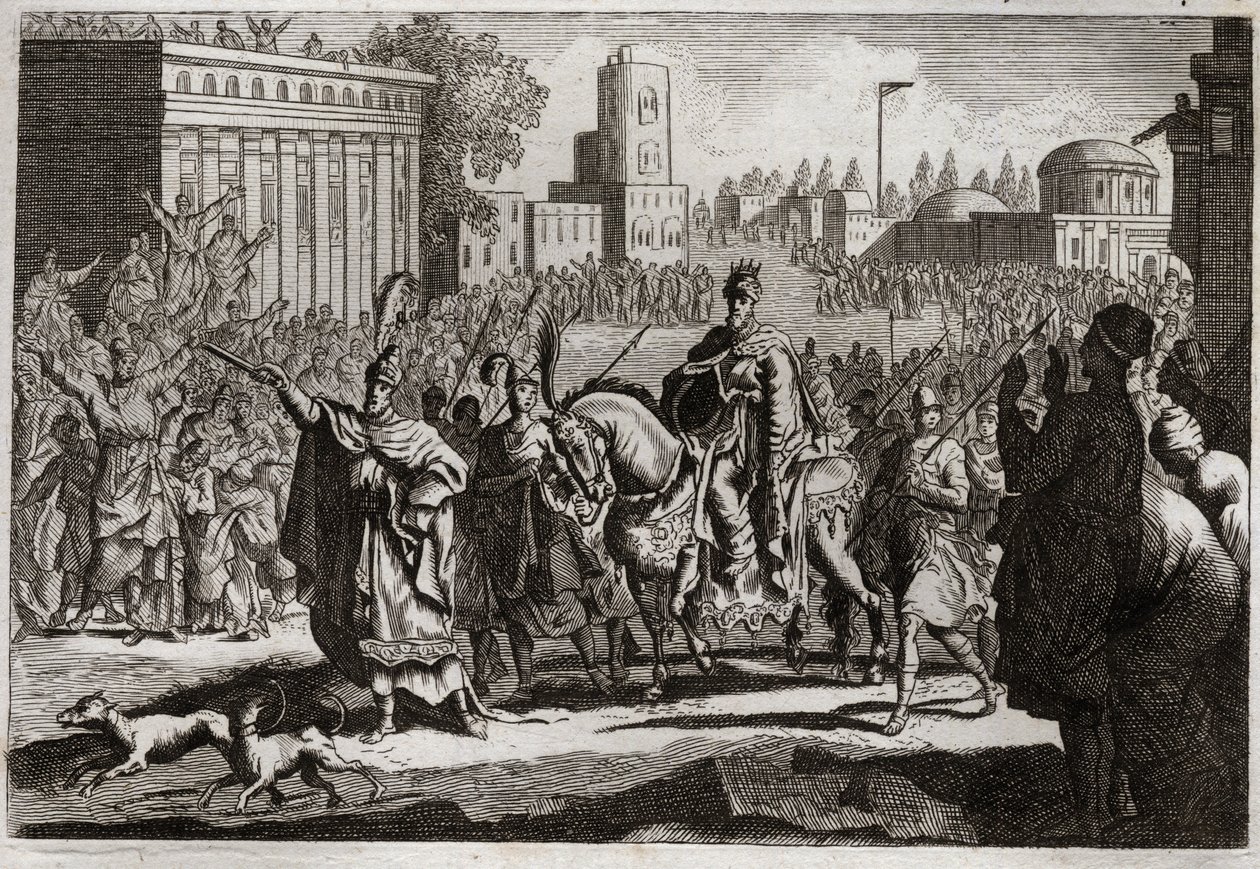 Bible of Royaumont, Starý zákon: Triumph of Mardochee. Aman (Haman) je přinucen králem zveřejnit triumf Mardochee (nebo Mordekhai nebo Mordecai), jeho nepřítele po celém městě Susan (známější jako Susa). Ilustrace z roku 1811. od Unknown artist