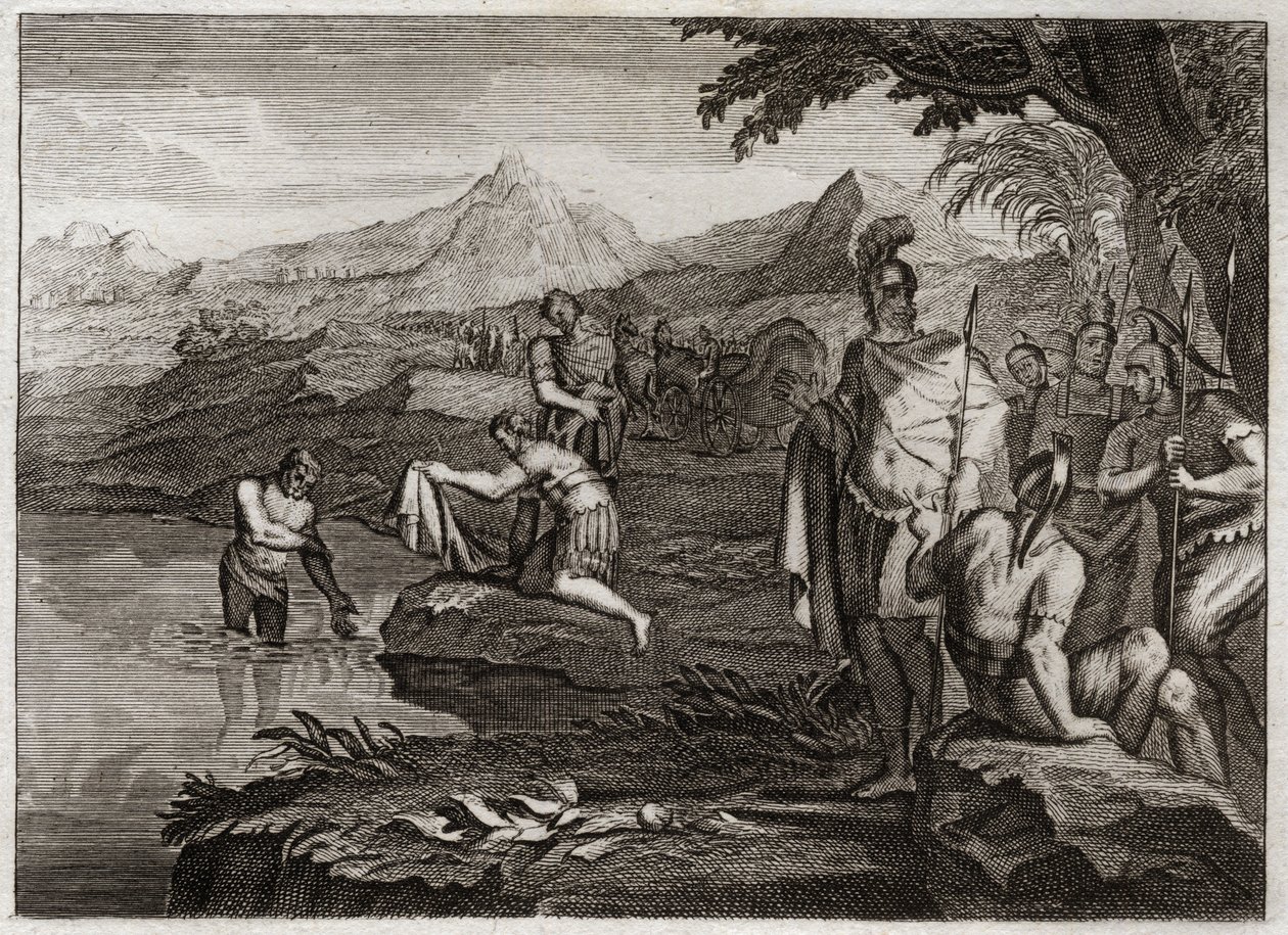 Bible of Royaumont, Starý zákon: Válka o Naaman. Naaman, generál armády syrského krále, přišel najít proroka Elisee, aby se uzdravil z malomocenství. Ilustrace z roku 1811. od Unknown artist