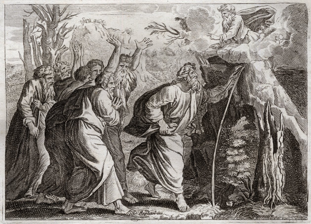 Bible of Royaumont, Starý zákon: Voda ze skály. Mojžíš vynáší vodu ze skály a dává napít izraelskému lidu. Ilustrace z roku 1811. od Unknown artist