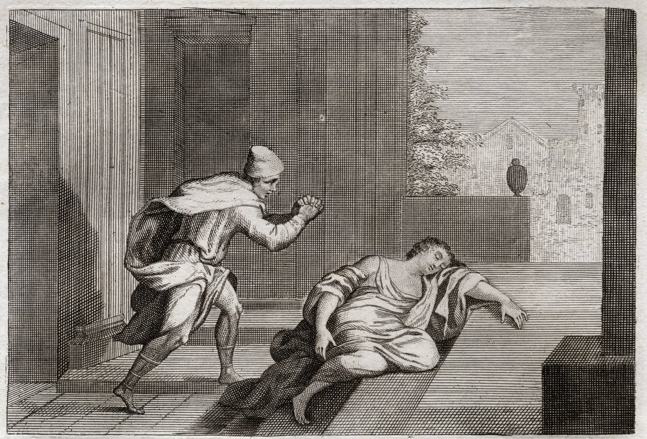 Bible of Royaumont, Starý zákon: Žena z pobouření Levite. Levitova manželka byla nalezena mrtvá ve dveřích poté, co byla zneužita násilníky. Ilustrace z roku 1811. od Unknown artist