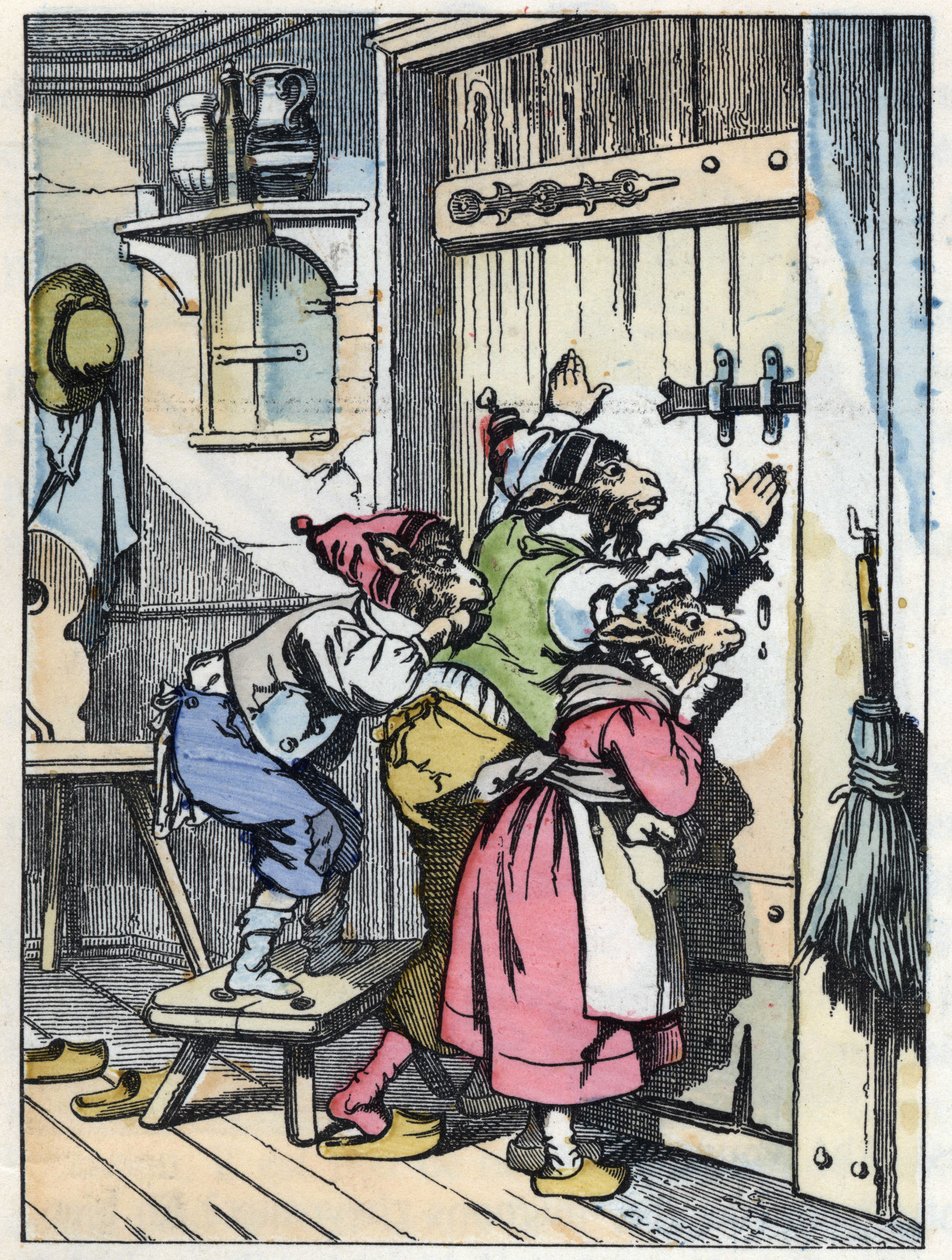 Bikety poslouchají, kdo klepe na dveře. Ilustrace příběhu „Compere le Loup, Maitre Renard, Comere la Chevre et ses petits biquets““ podle bajky Jean de la Fontaine. V „“ Pohádky z domova pro nejmenší““. Anonymní rytina 1 od Unknown artist