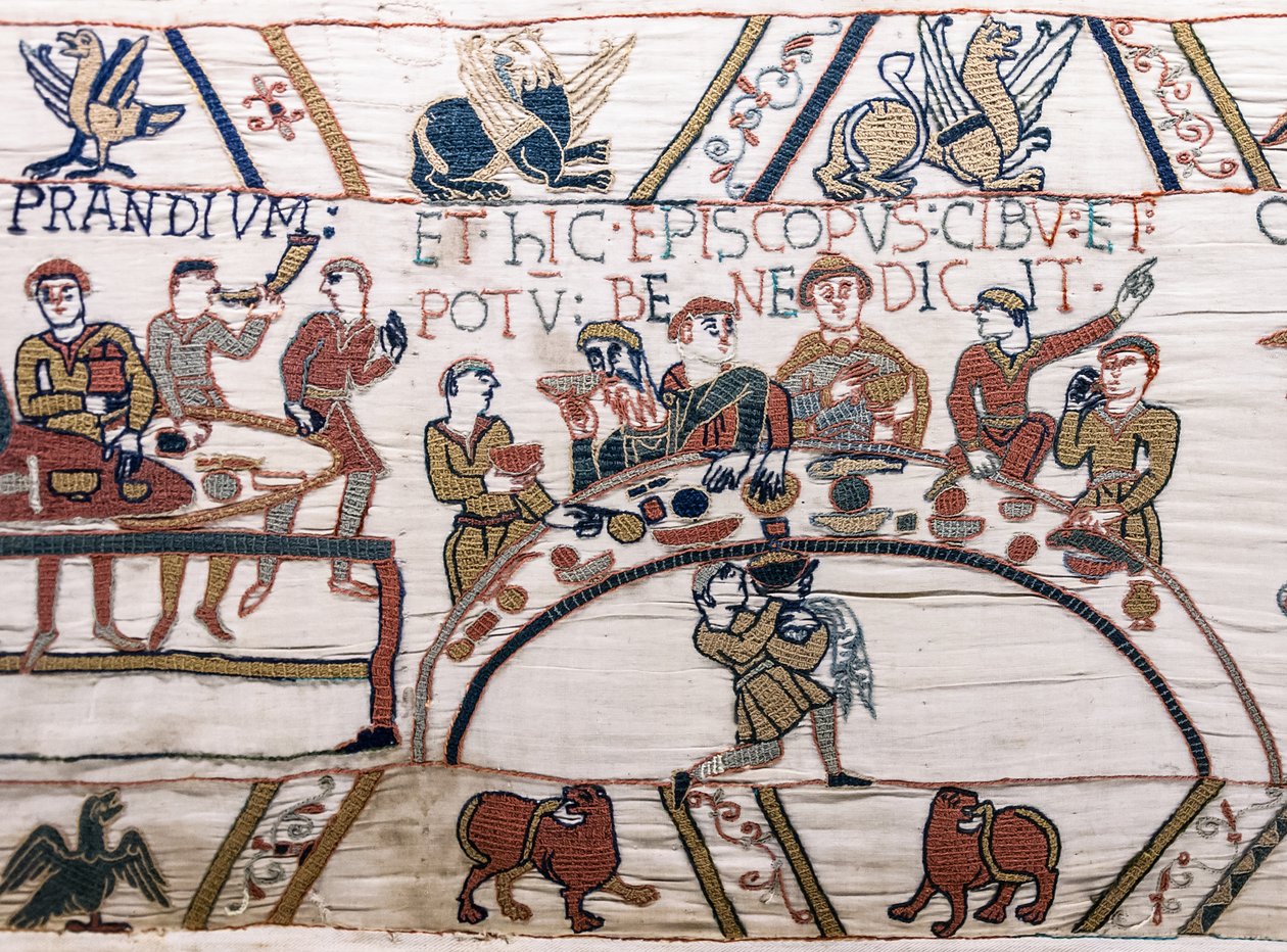 Biskup Odo žehná jídlu a vínu, tapisérie z Bayeux (vlněná výšivka na plátně) od Unknown artist
