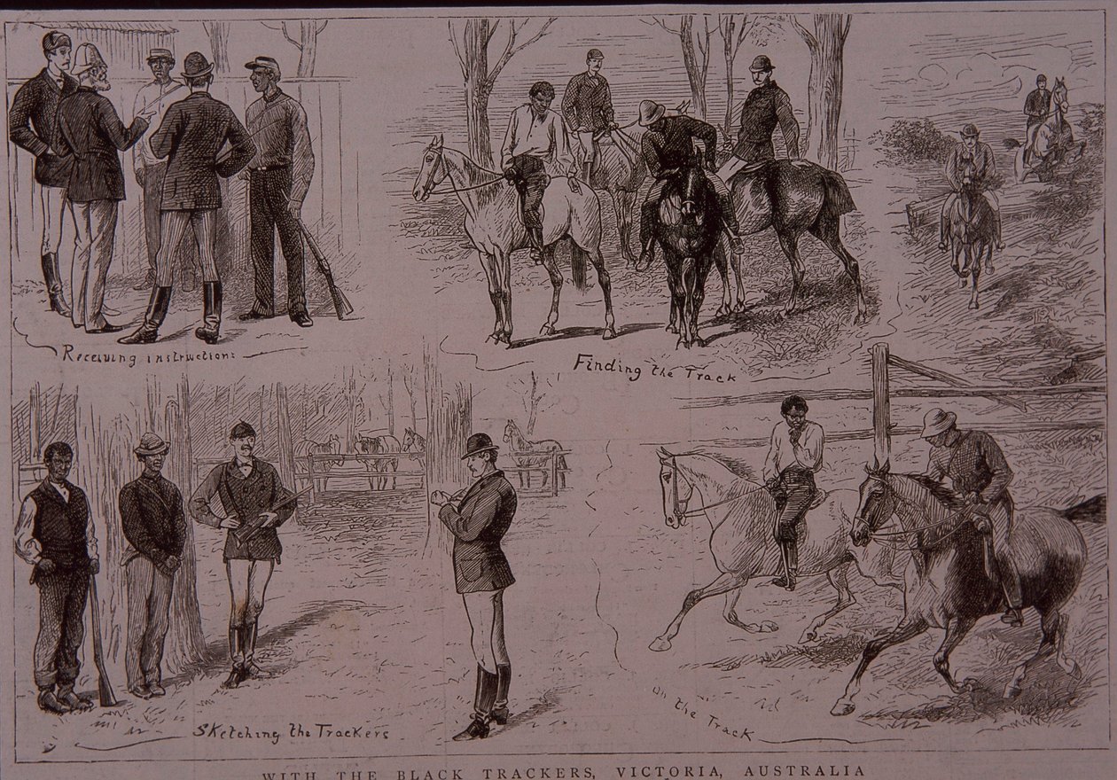 Black Trackers na stopě bushrangers ve Victorii, Austrálie v roce 1881 (rytina) od Unknown artist