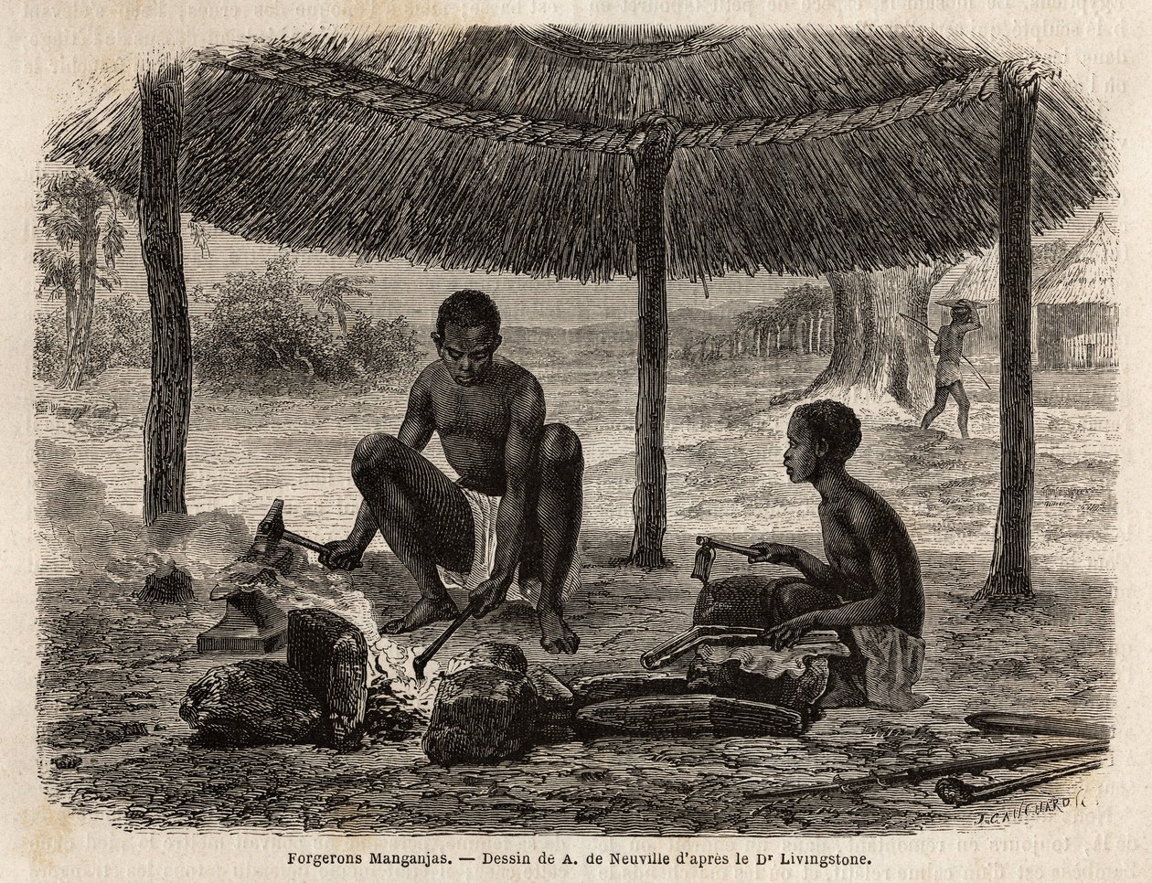 Kovář manganja (etnická skupina regionu Zambeze). Rytina pro ilustraci prvních plaveb Dr. Livingstonea do jižní Afriky v letech 1840 až 1856 v „Le tour du monde, nouveau journal des voyages““ vydaném pod vedením Edouarda Chartona od Unknown artist