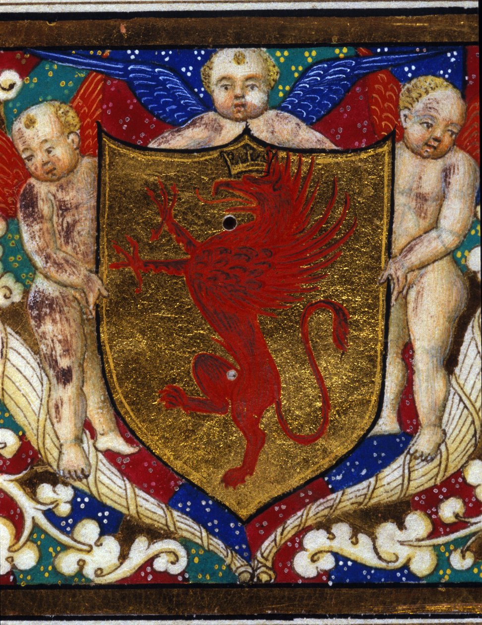 Blazon zdobí griffonovou korunu na zlatém pozadí. Detail miniatury. od Unknown artist