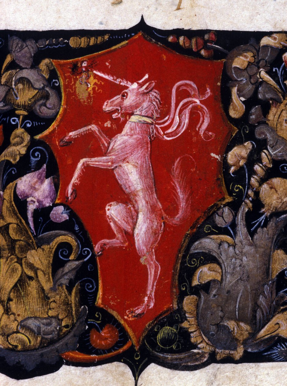 Blazon zdobí jednorožce na červeném pozadí. Detail miniatury. 15. století od Unknown artist