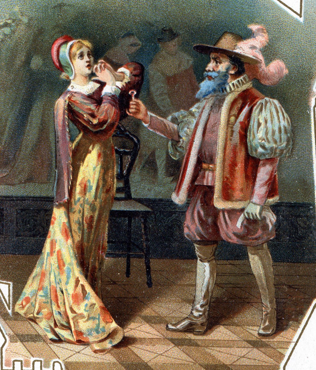 Modré vousy. Příběh Charlese Perraulta. 1697. Chromolitografie konce 19. století. Nálepka „“ Levné“““. "Modrovous vyslýchá svou manželku, která se pokusila vstoupit do kabinetu, kde byly zavražděny Modrovousovy manželky." od Unknown artist