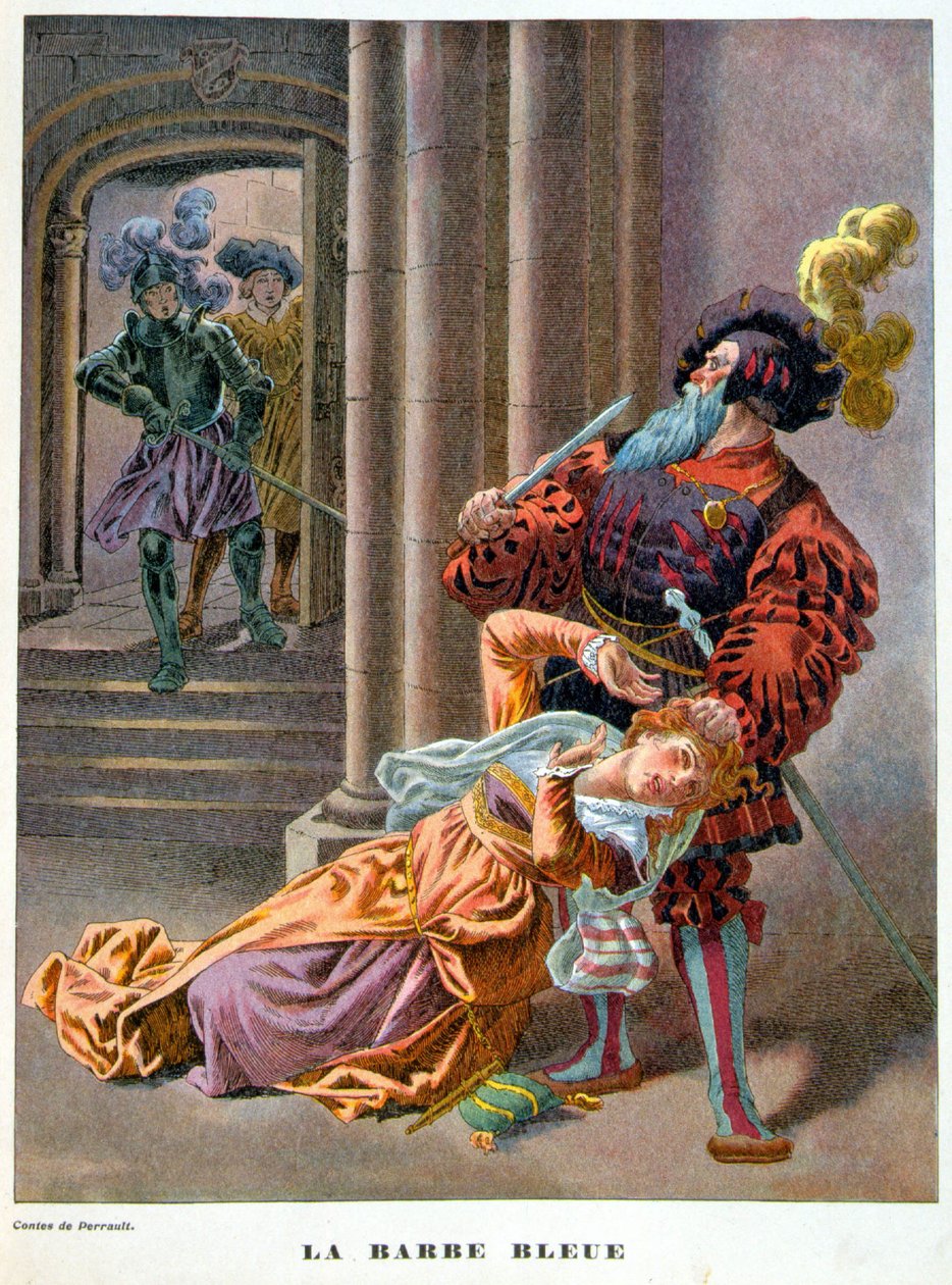 Modré vousy (překvapeně bere ženu za vlasy). ilustrace 19. století. od Unknown artist