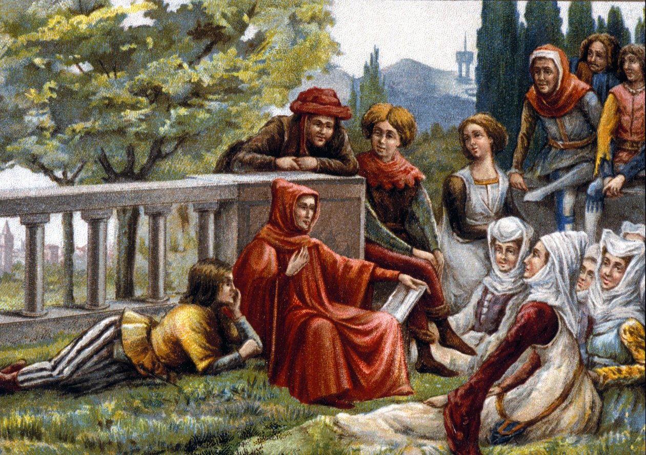 Boccaccio (Boccaccio) čte svým přátelům Dekameron během morové epidemie ve Florencii kolem roku 1348. Chromolitograf z konce 19. století. od Unknown artist