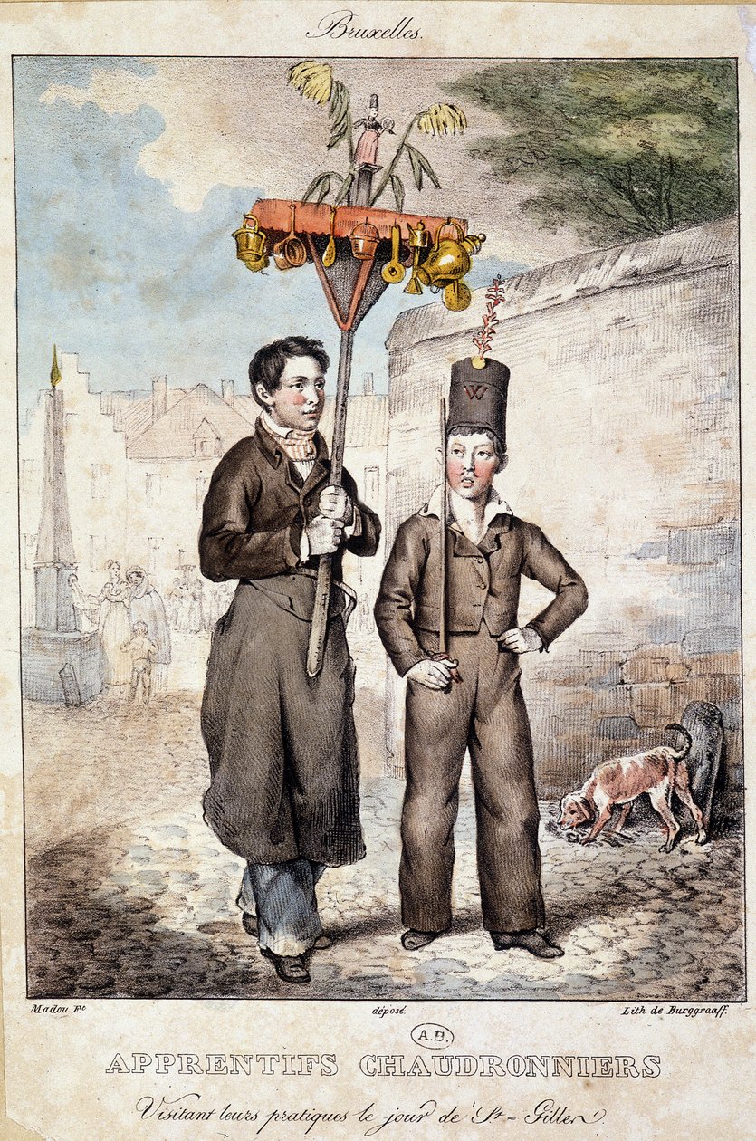 Kotlářští učni navštěvující jejich praxi v den St Gillen (Brusel) - Litografie, deb. 19. století od Unknown artist