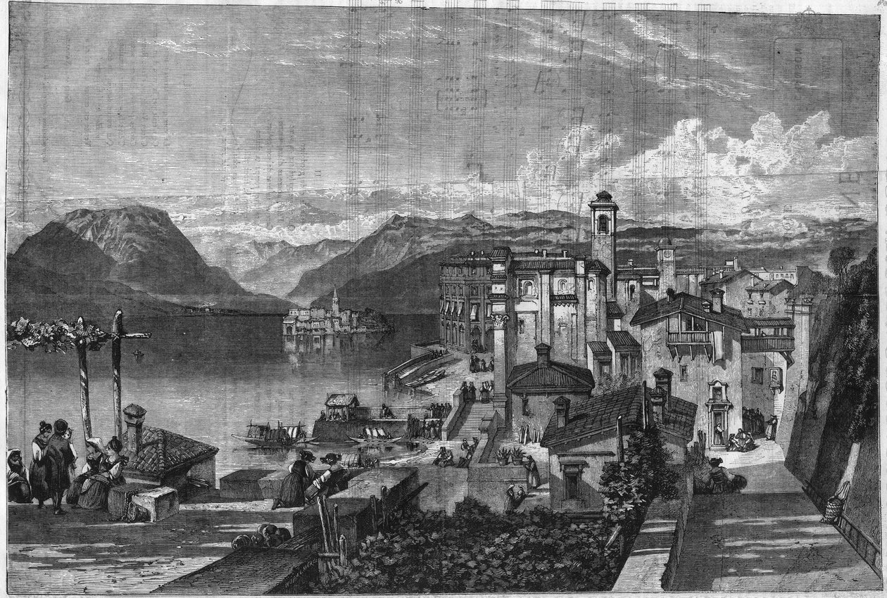 Boromejské ostrovy jezera Maggiore (Lake Maggiore v Lombardii) v Itálii: Pohled na Isola Bella (Ila-Bella). Gravírování v "" L