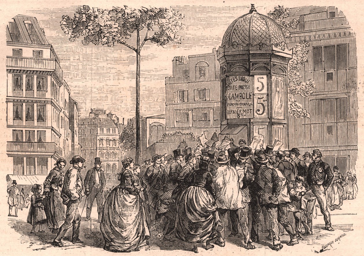 Boulevard Pigalle v Paříži: Pařížský dav kolem sloupu Morris během prodeje novin od Unknown