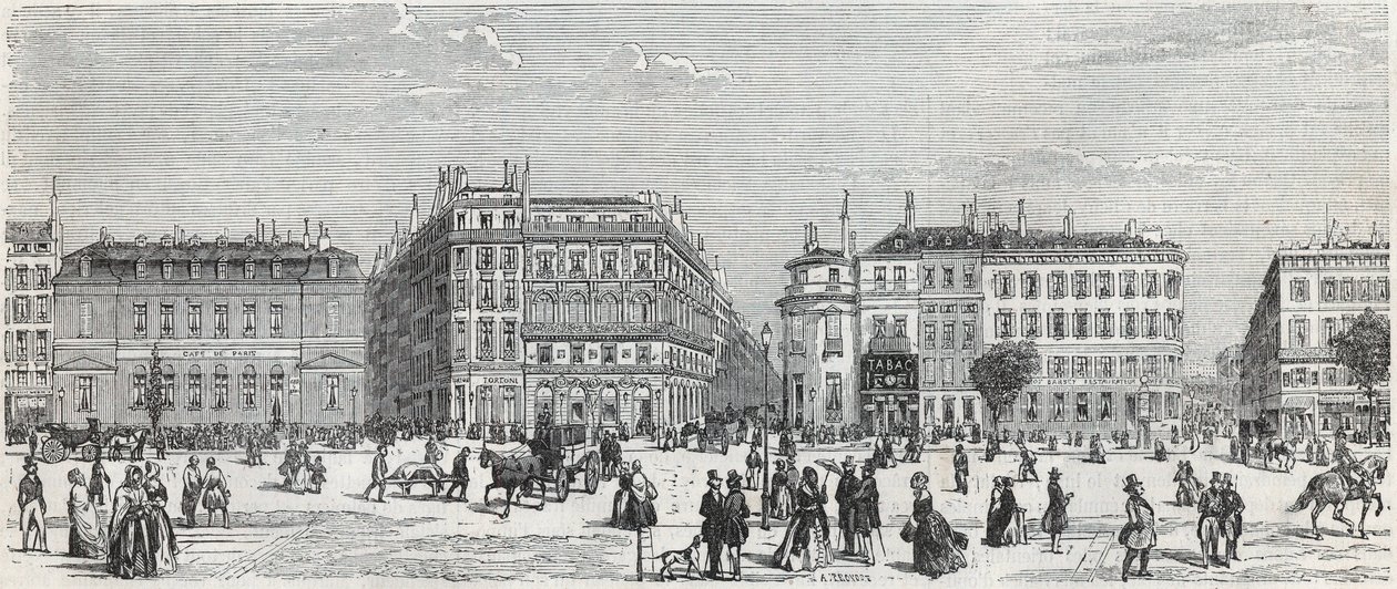 Boulevard des Italians s café de Paris, rue Taitbout, house Doree, rue Lafitte, kavárna Riche a rue Lepelletier - rytina v „Tableau-de-Paris“ od Edmonda Texiera 1852 od Unknown artist