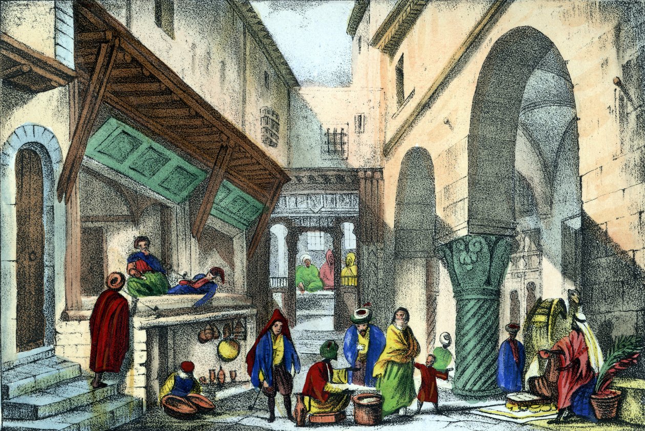 Obchody v ulici v Alžíru. ve „Starověkém a moderním Alžírsku““ od Léona Galiberta. Italské vydání v barvě 1846. od Unknown artist
