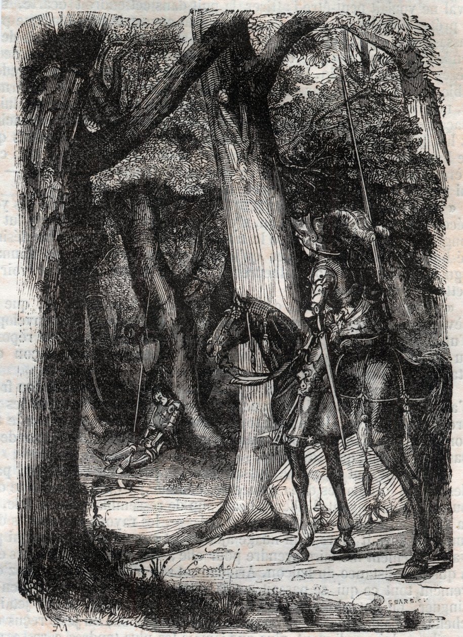 Bradamante apercoit Pinabel (Pinabello) - rytina z roku 1851 z „“Roland furieux““ (Orlando furioso) (16. století) od Ludovica Ariosta, známého jako Ariosta – vydání přeložené z italštiny hrabětem z Tressanu a vydané Gustavem Harvardem 1851 od Unknown artist