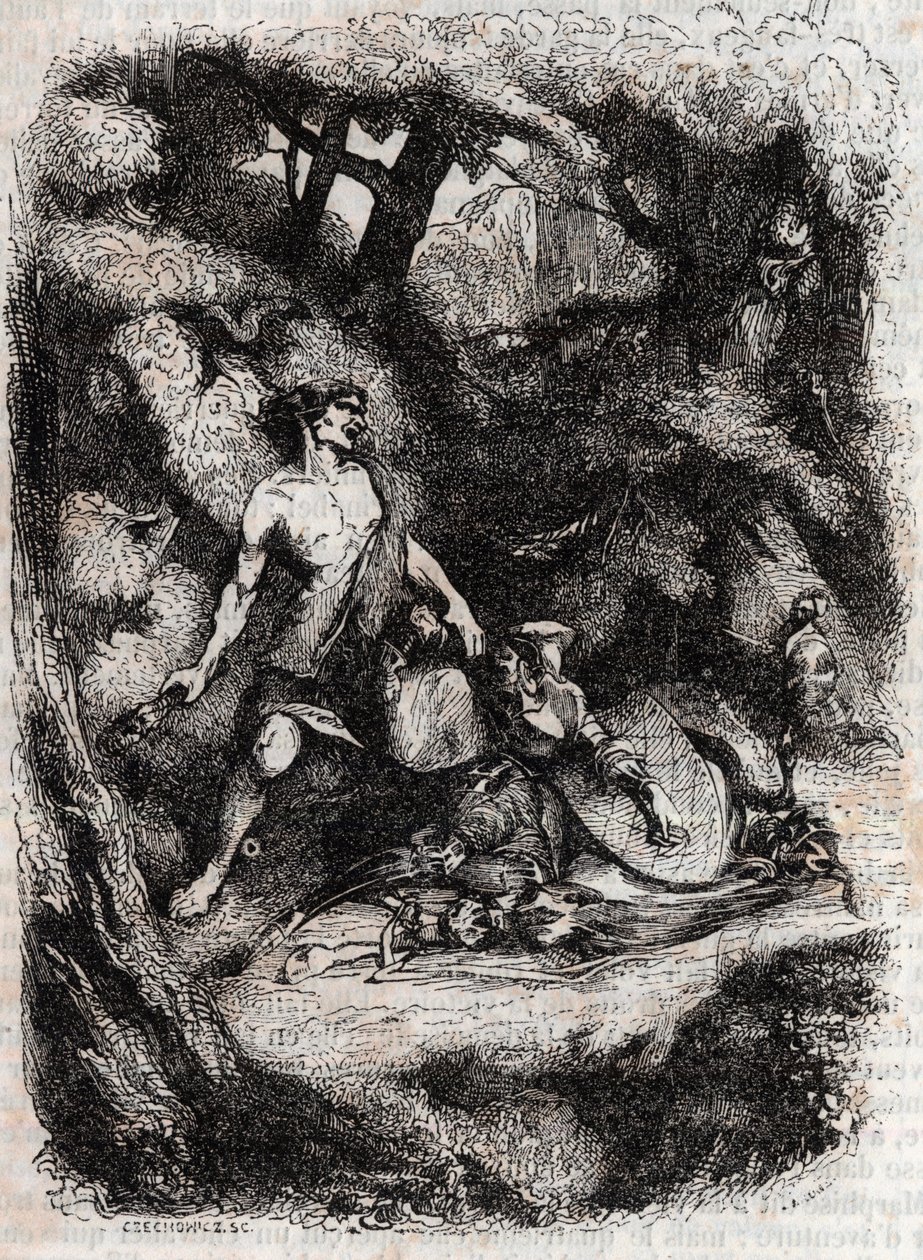 Bradamante terrassee od obřího - rytina z roku 1851 z „“Zuřivého Rolanda““ (Orlando furioso) (16. století) od Ludovica Ariosta, známého jako Ariosta – vydání přeložené z italštiny hrabětem z Tressanu a vydané Gustavem Harvardem 1851 od Unknown artist