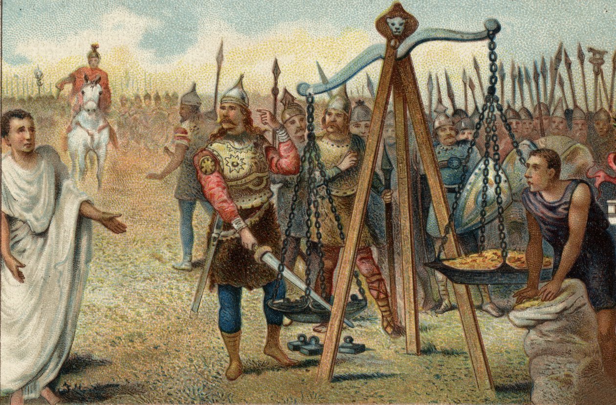 Brennus dává svůj meč do rovnováhy, 390 př.nl: Vypleněn Řím Galy pod vedením jejich náčelníka Brenna (Brennos). Tváří v tvář odporu Římanů Brennus souhlasil, že se vypořádá s římským vojenským tribunem Quintem Sulpiciem: opustil Řím proti otci od Unknown artist